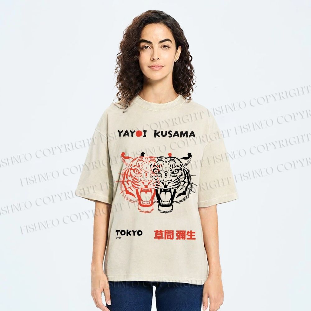 Unisex Yayoi Kusama Patchwork Tiger Printed Washed Tee
