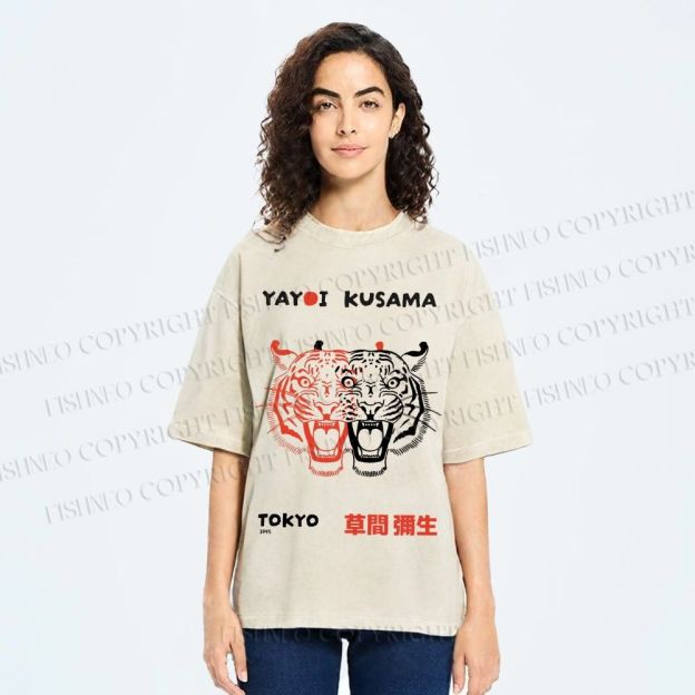 Unisex Yayoi Kusama Patchwork Tiger Printed Washed Tee