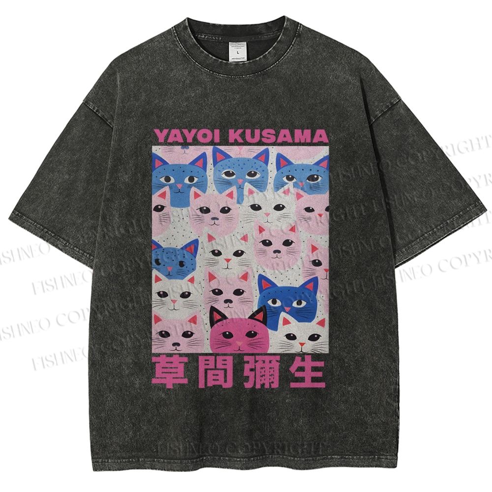 Unisex Yayoi Kusama Blue Pink Cats Printed Washed Tee