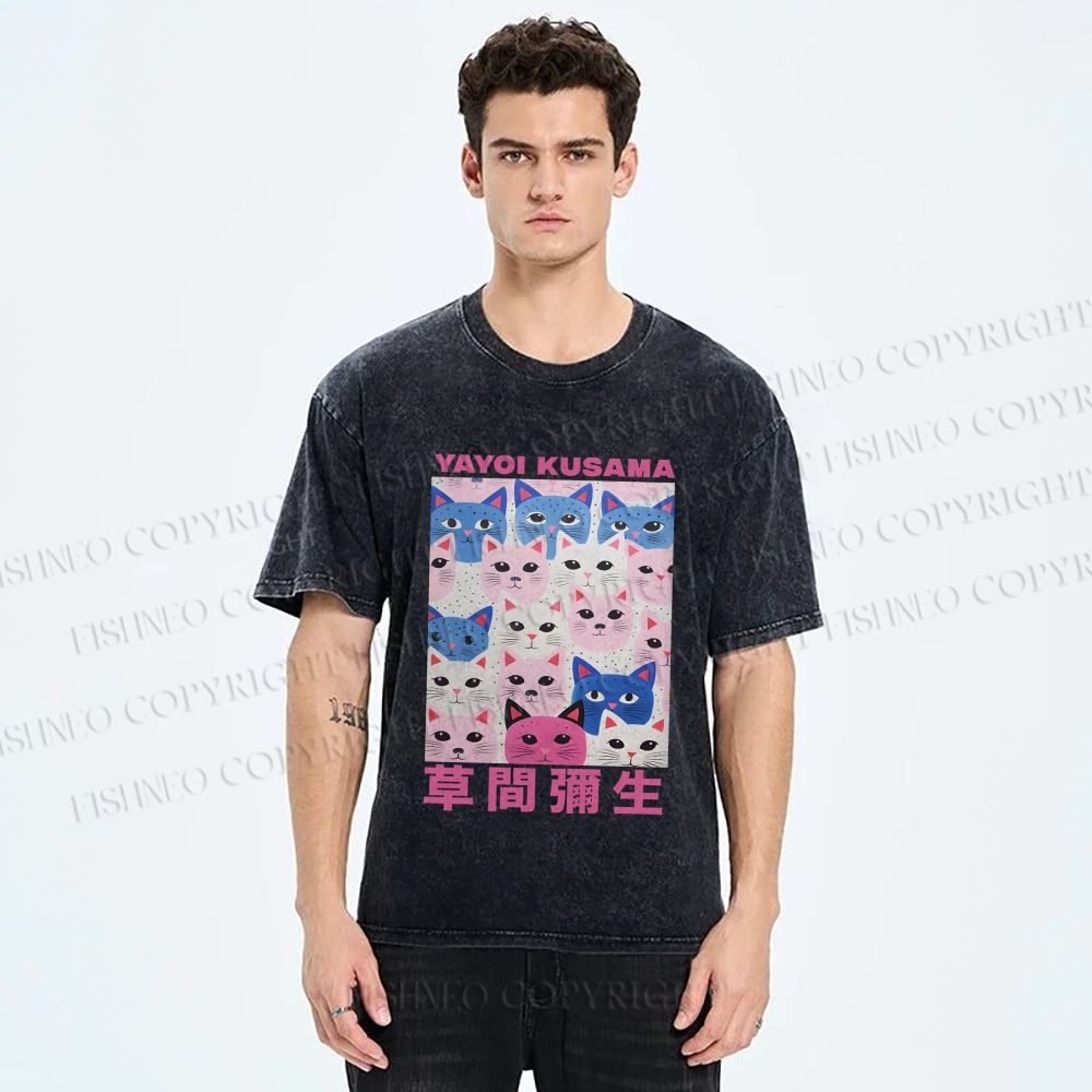 Unisex Yayoi Kusama Blue Pink Cats Printed Washed Tee