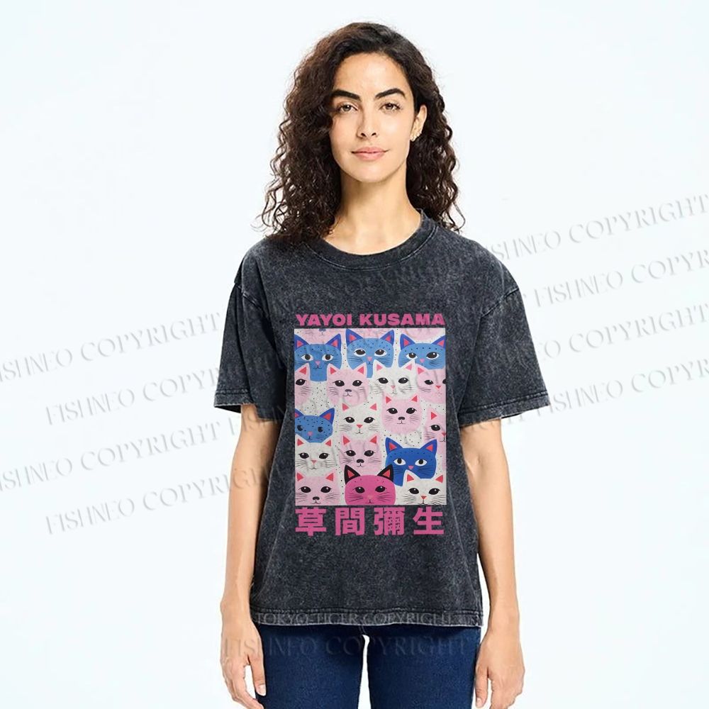 Unisex Yayoi Kusama Blue Pink Cats Printed Washed Tee