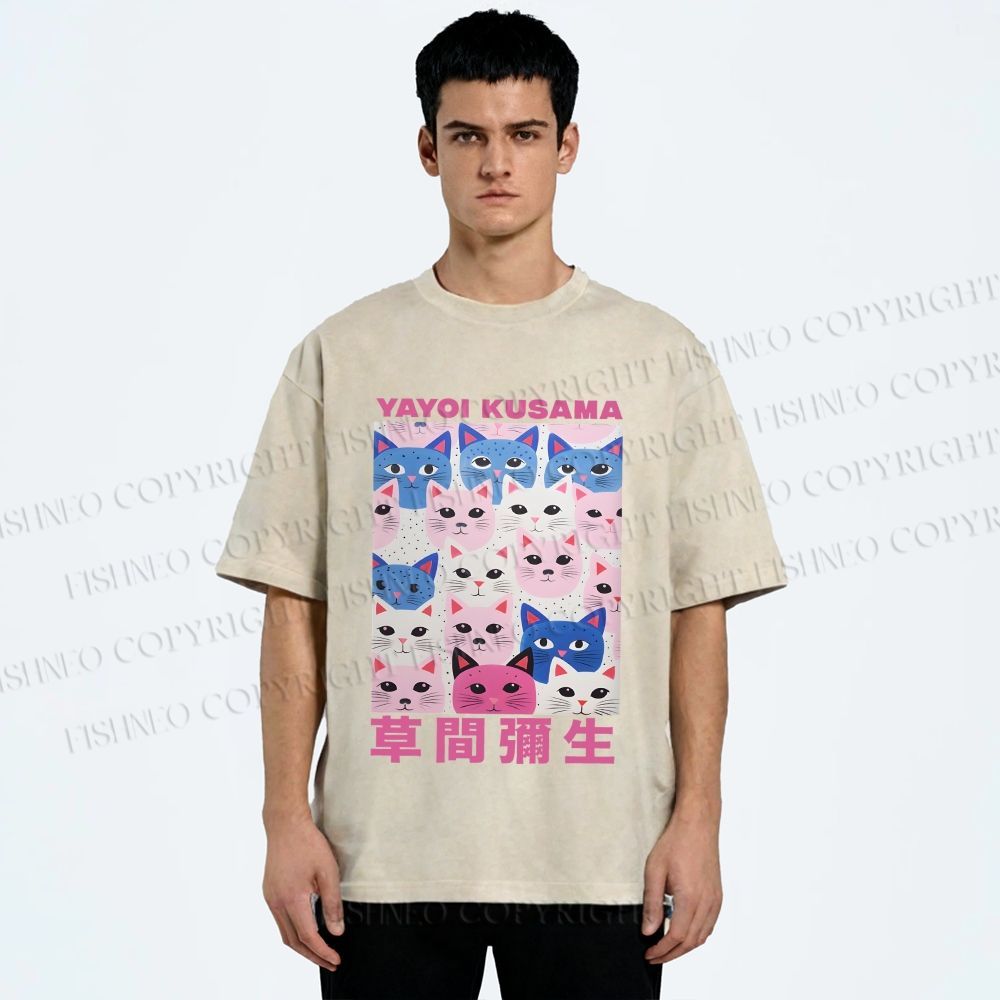 Unisex Yayoi Kusama Blue Pink Cats Printed Washed Tee