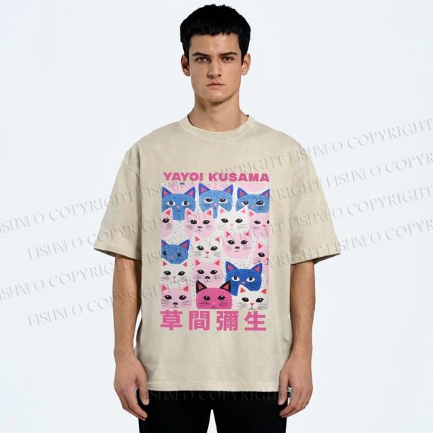 Unisex Yayoi Kusama Blue Pink Cats Printed Washed Tee