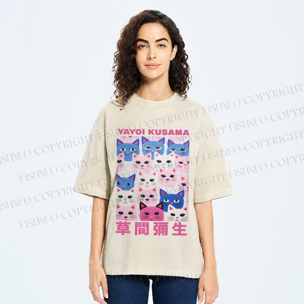 Unisex Yayoi Kusama Blue Pink Cats Printed Washed Tee