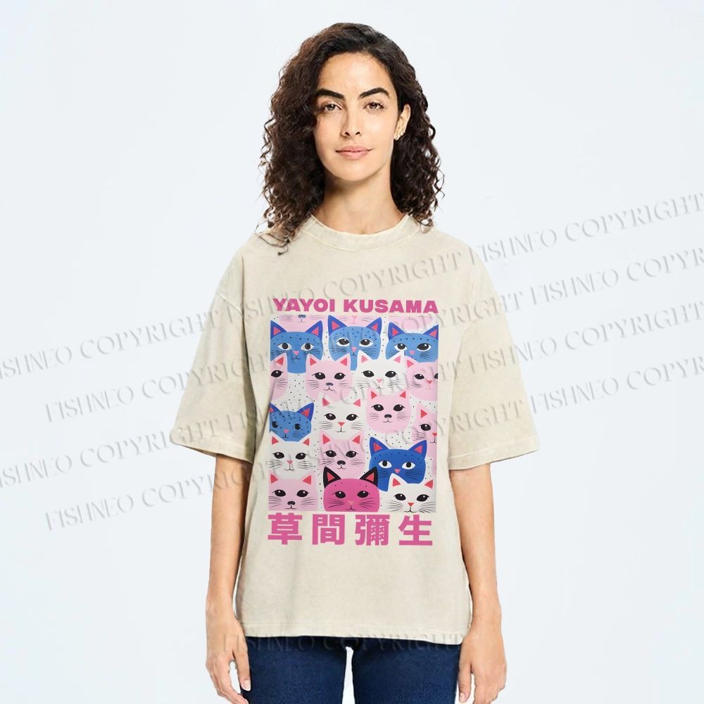 Unisex Yayoi Kusama Blue Pink Cats Printed Washed Tee