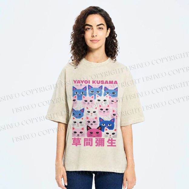 Unisex Yayoi Kusama Blue Pink Cats Printed Washed Tee