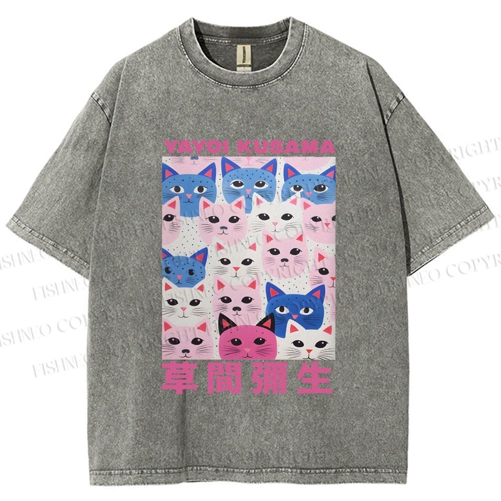 Unisex Yayoi Kusama Blue Pink Cats Printed Washed Tee