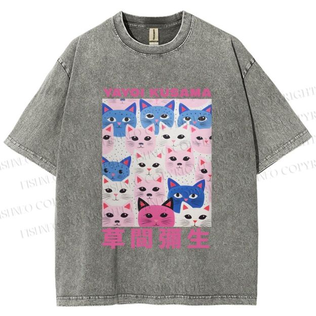 Unisex Yayoi Kusama Blue Pink Cats Printed Washed Tee