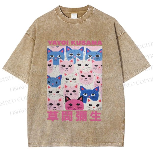 Unisex Yayoi Kusama Blue Pink Cats Printed Washed Tee