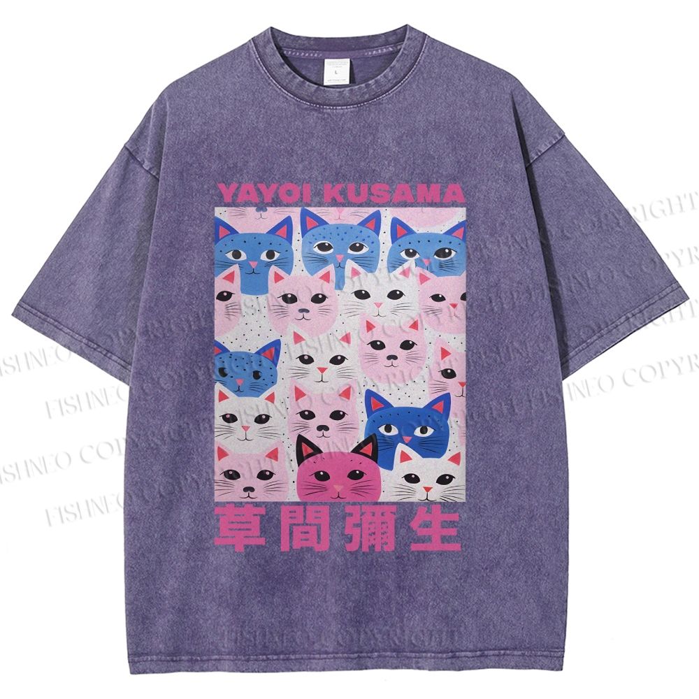 Unisex Yayoi Kusama Blue Pink Cats Printed Washed Tee