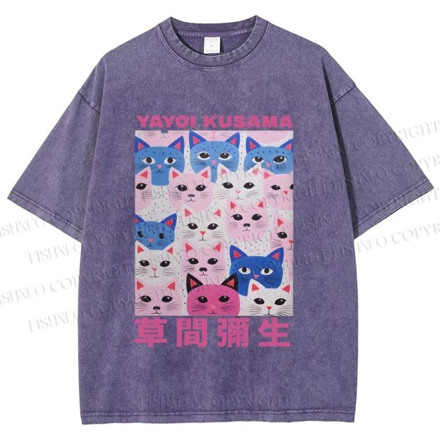 Unisex Yayoi Kusama Blue Pink Cats Printed Washed Tee