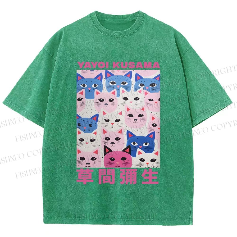 Unisex Yayoi Kusama Blue Pink Cats Printed Washed Tee
