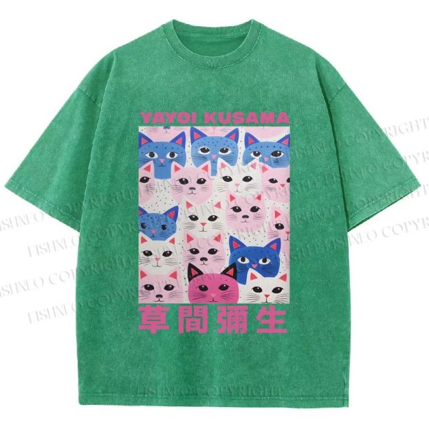 Unisex Yayoi Kusama Blue Pink Cats Printed Washed Tee