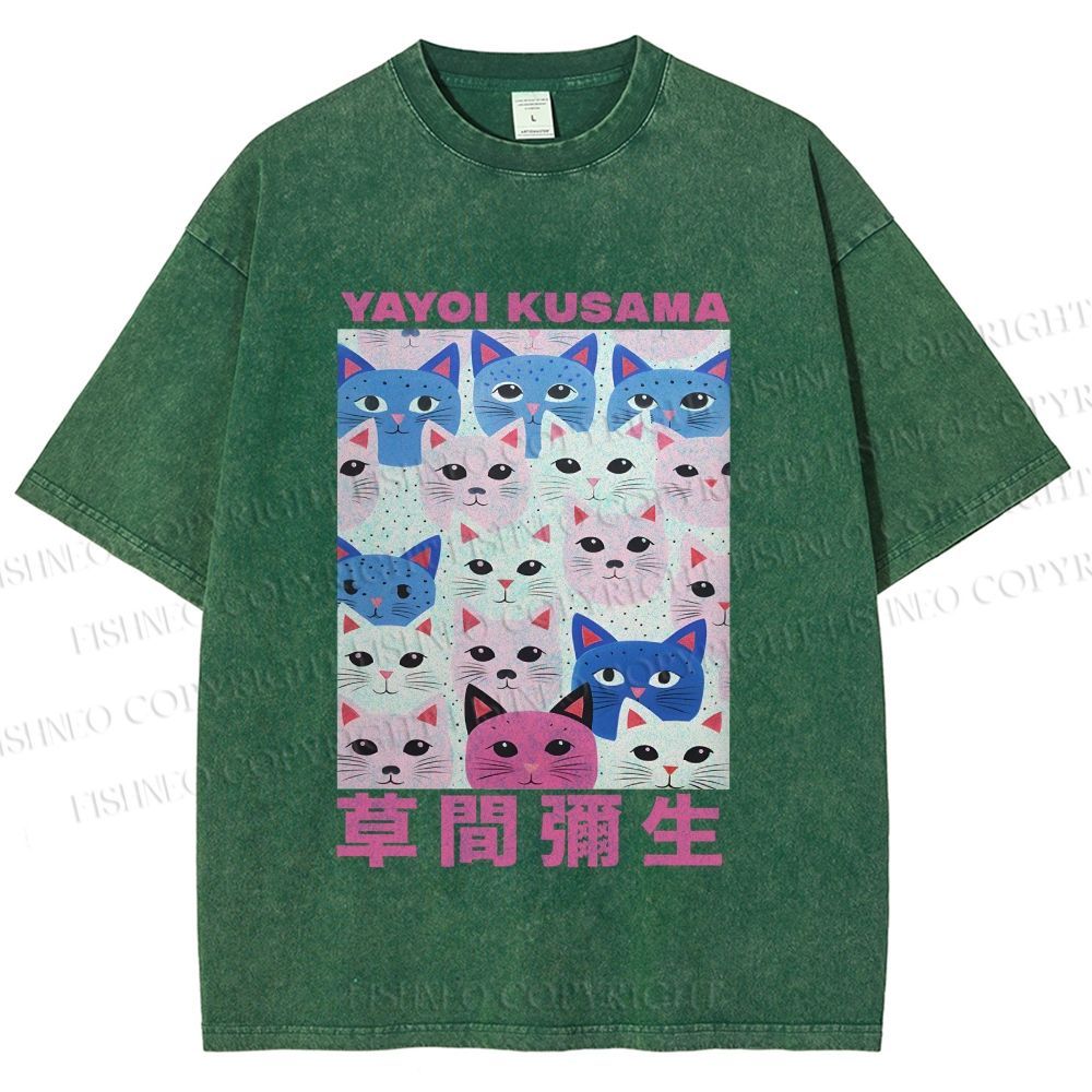 Unisex Yayoi Kusama Blue Pink Cats Printed Washed Tee