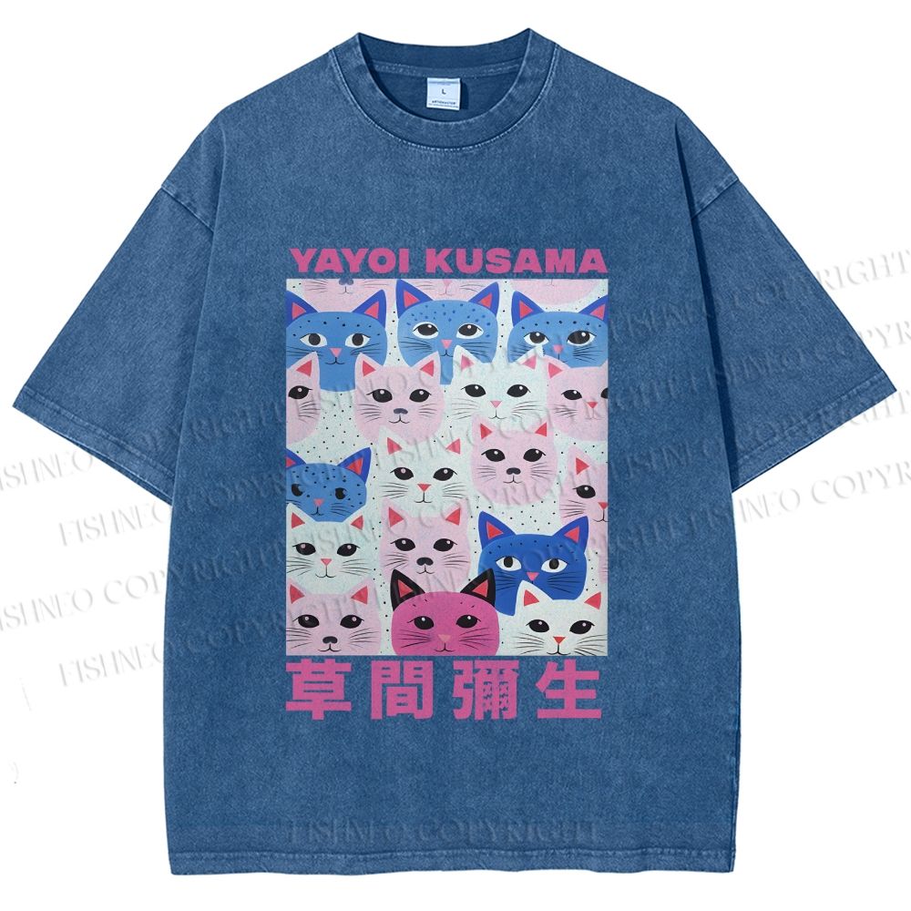 Unisex Yayoi Kusama Blue Pink Cats Printed Washed Tee