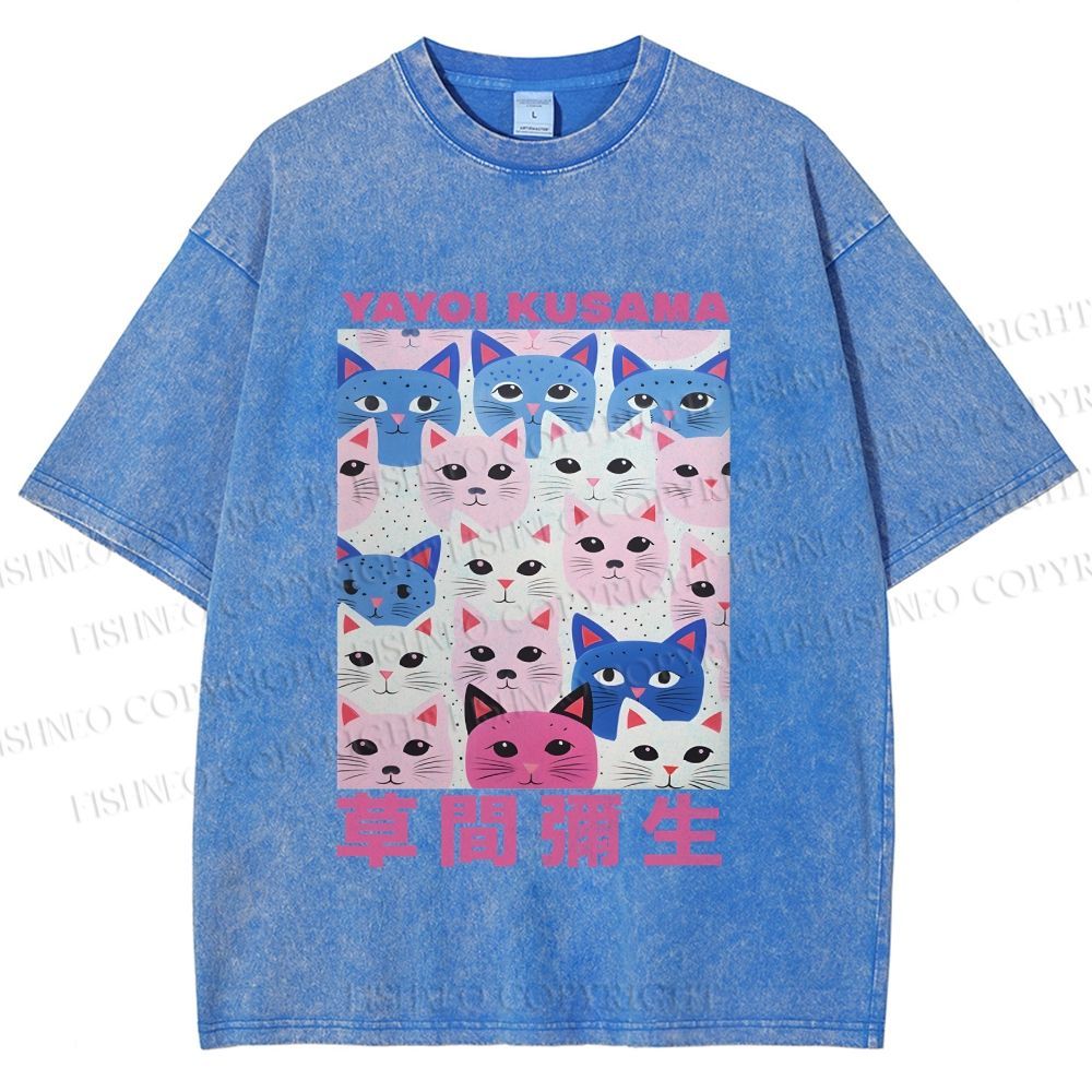 Unisex Yayoi Kusama Blue Pink Cats Printed Washed Tee