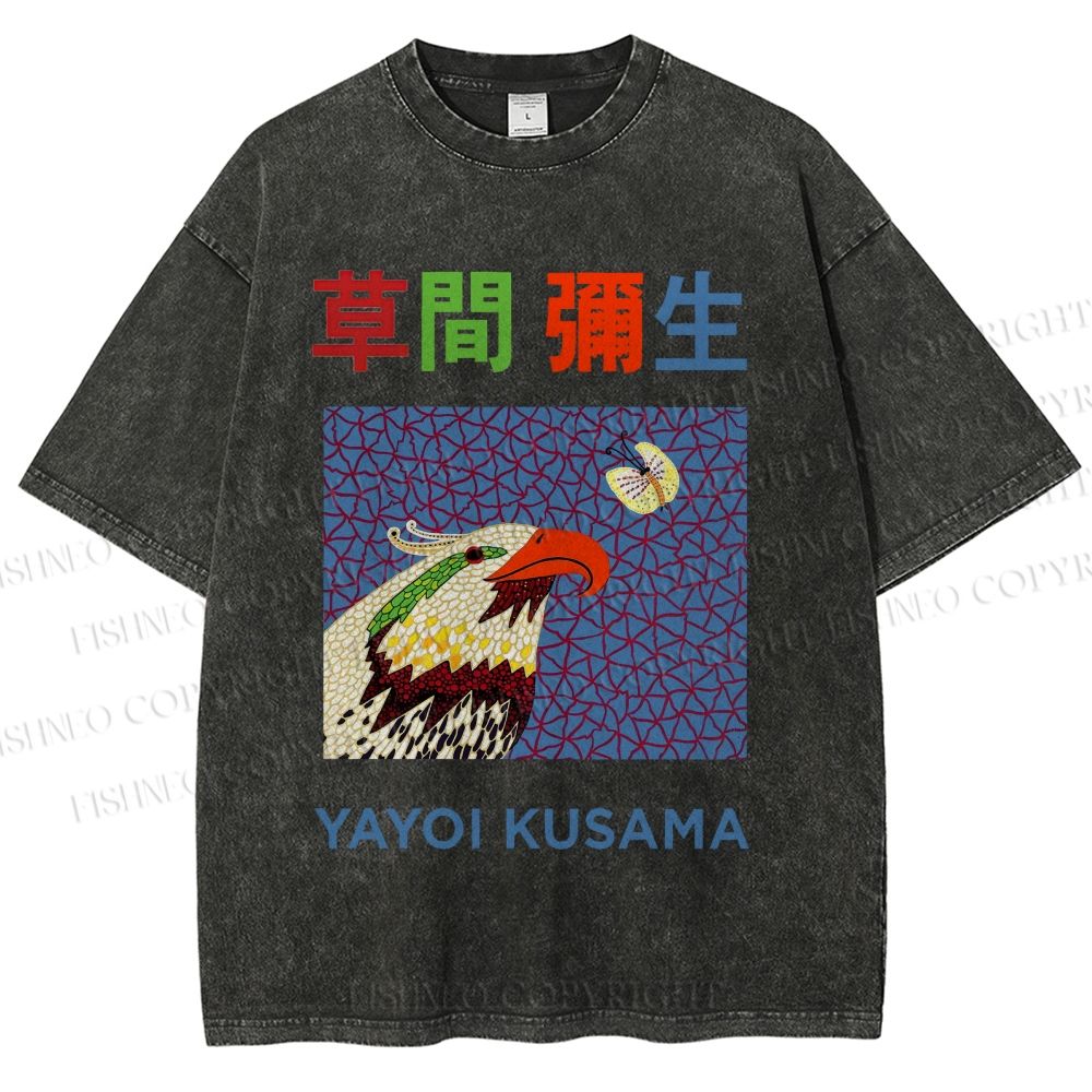 Unisex Yayoi Kusama Colorful Bird Printed Washed Tee