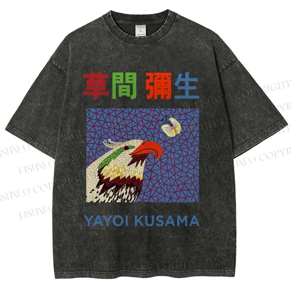 Unisex Yayoi Kusama Colorful Bird Printed Washed Tee