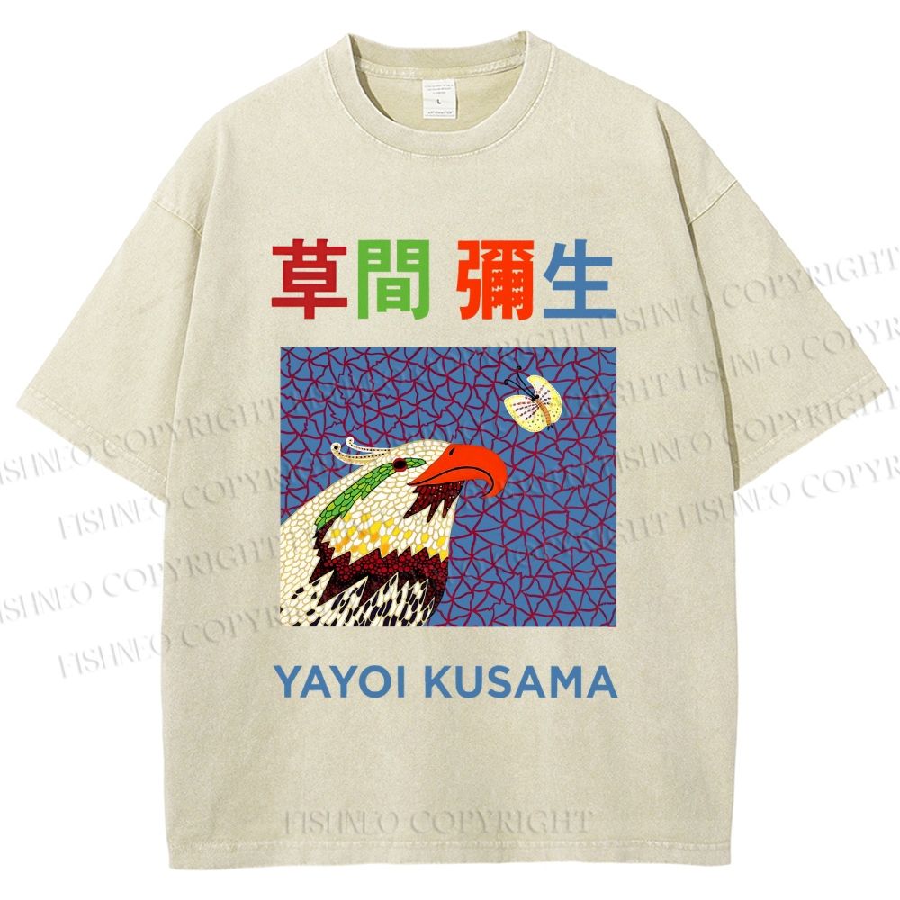 Unisex Yayoi Kusama Colorful Bird Printed Washed Tee