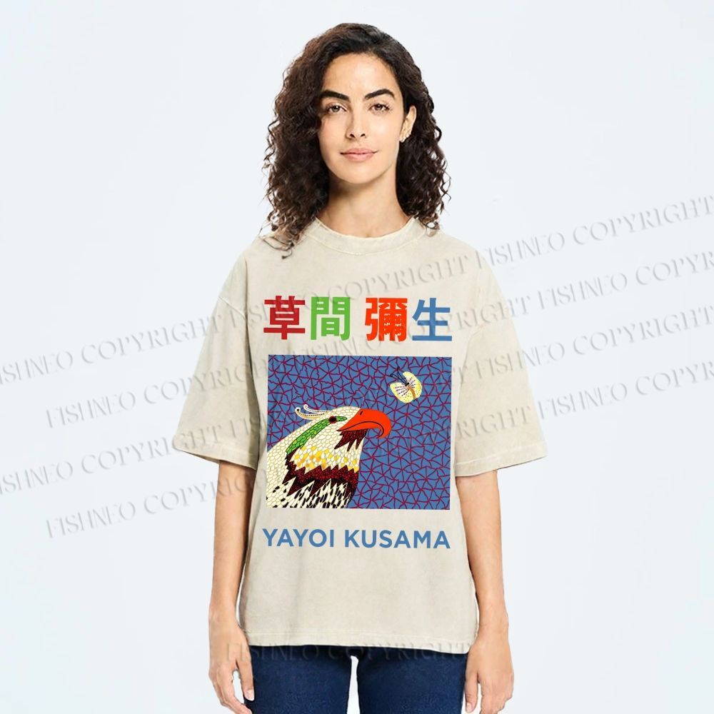 Unisex Yayoi Kusama Colorful Bird Printed Washed Tee