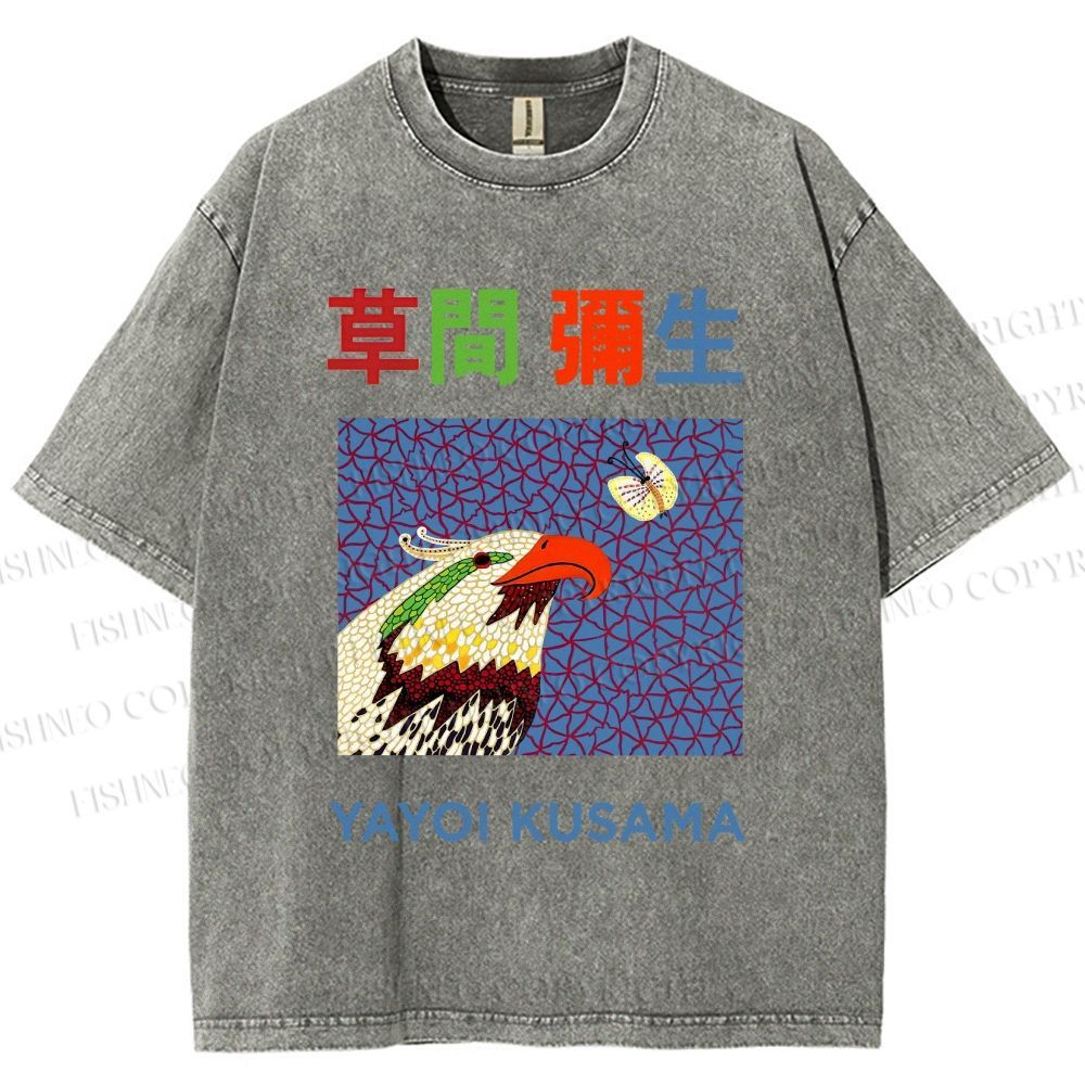 Unisex Yayoi Kusama Colorful Bird Printed Washed Tee