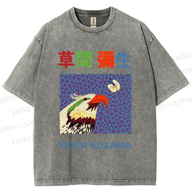 Unisex Yayoi Kusama Colorful Bird Printed Washed Tee