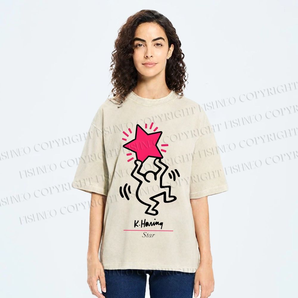 Unisex Keith Haring Star Printed Washed Tee