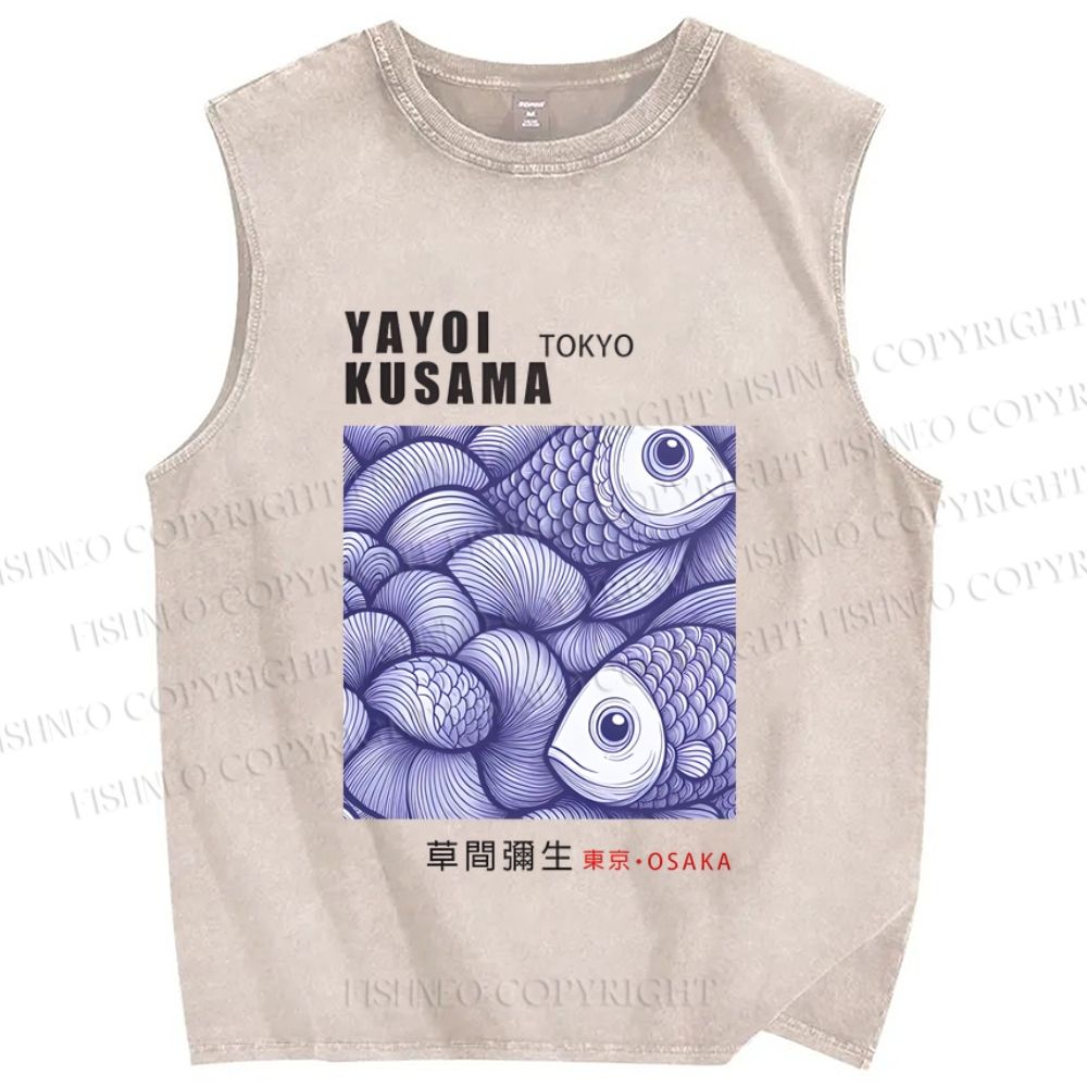 Unisex Yayoi Kusama Vintage Fish Printed Washed Tank Top