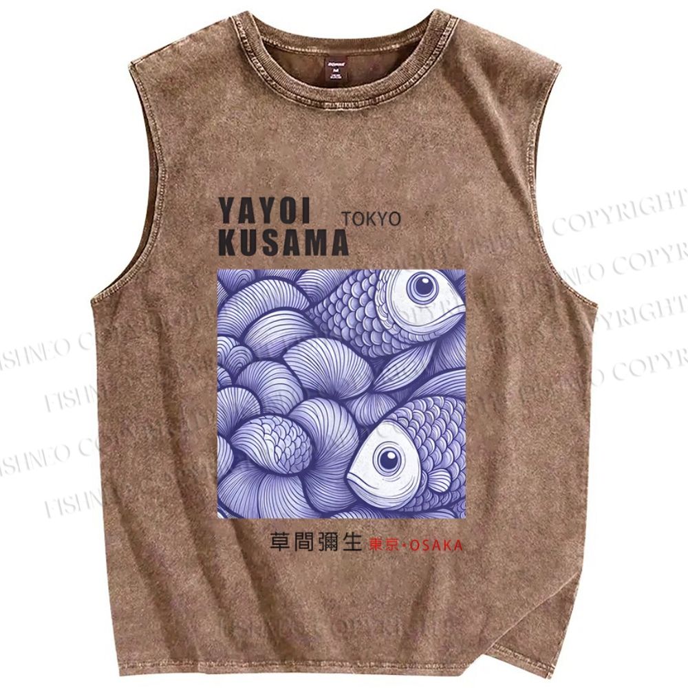 Unisex Yayoi Kusama Vintage Fish Printed Washed Tank Top