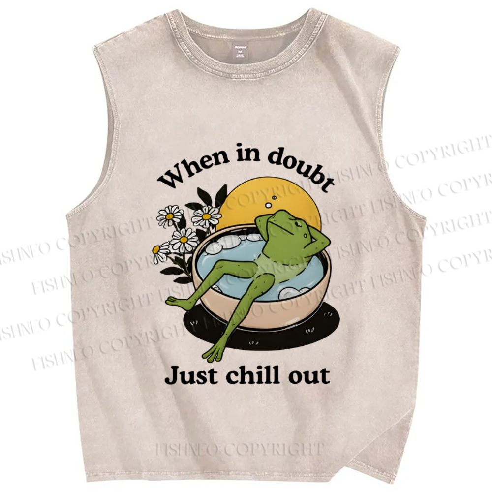 Unisex Just Chill Out Frog Printed Washed Tank Top
