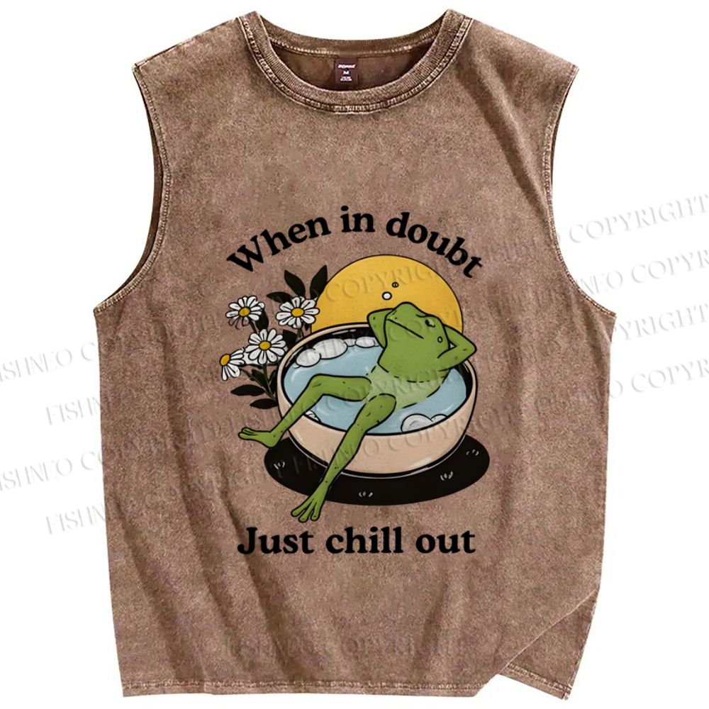 Unisex Just Chill Out Frog Printed Washed Tank Top