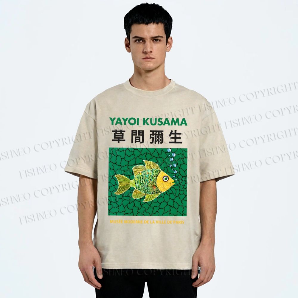 Unisex Yayoi Kusama Art Fish Printed Washed Tee