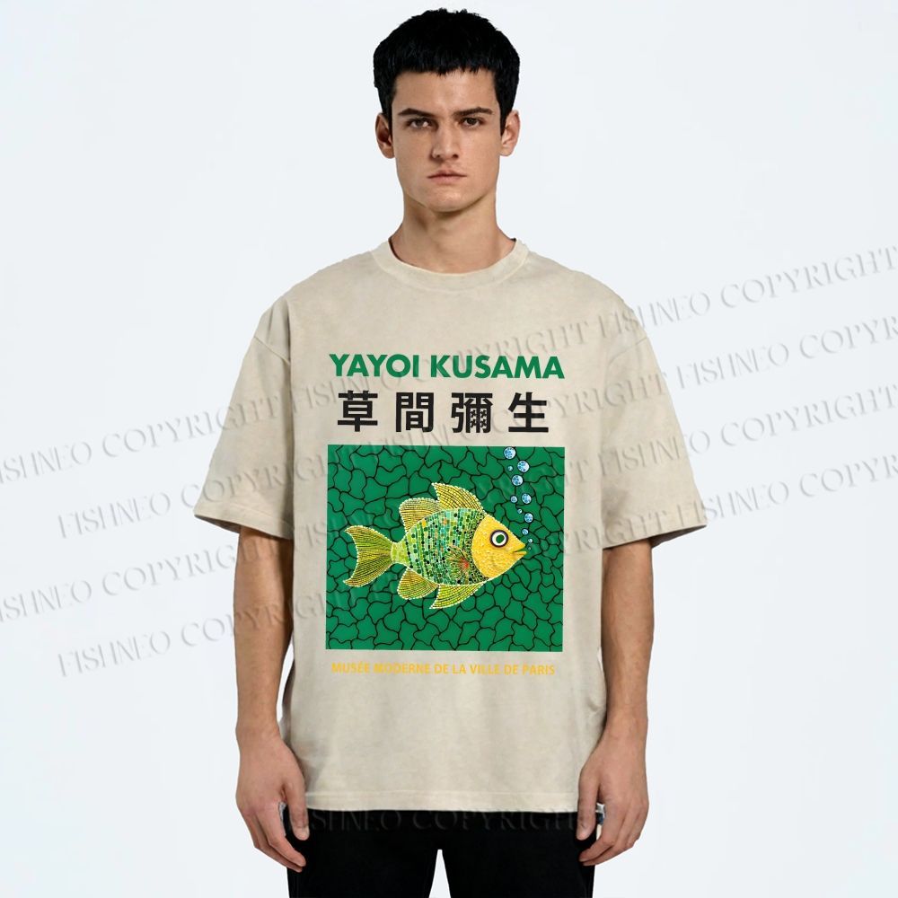 Unisex Yayoi Kusama Art Fish Printed Washed Tee
