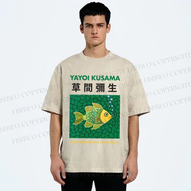 Unisex Yayoi Kusama Art Fish Printed Washed Tee