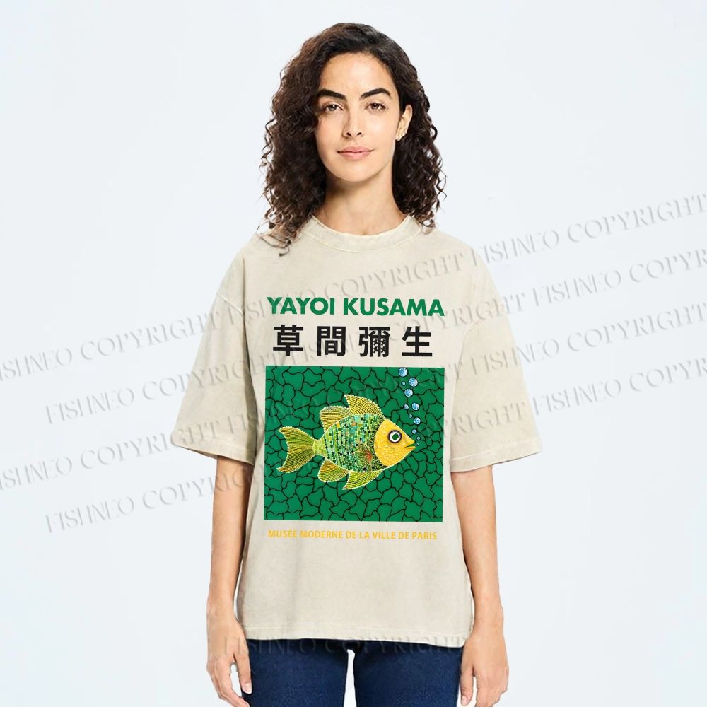 Unisex Yayoi Kusama Art Fish Printed Washed Tee