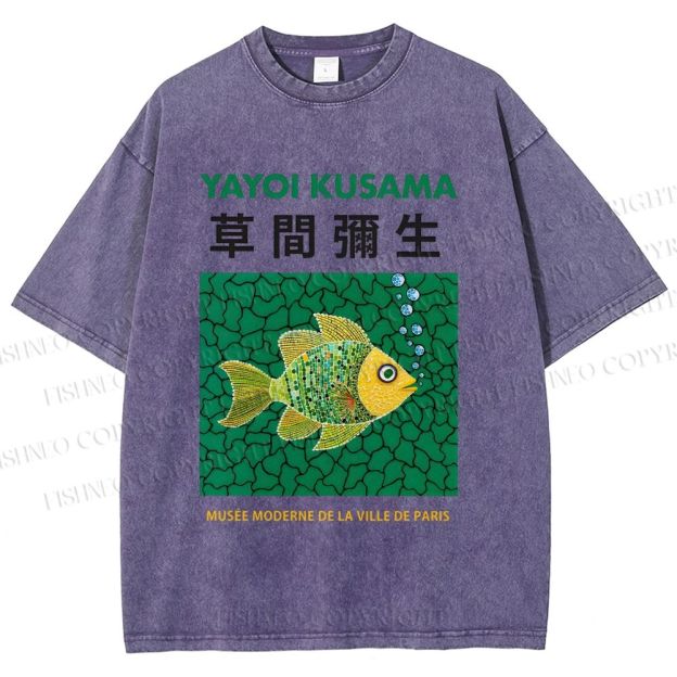 Unisex Yayoi Kusama Art Fish Printed Washed Tee
