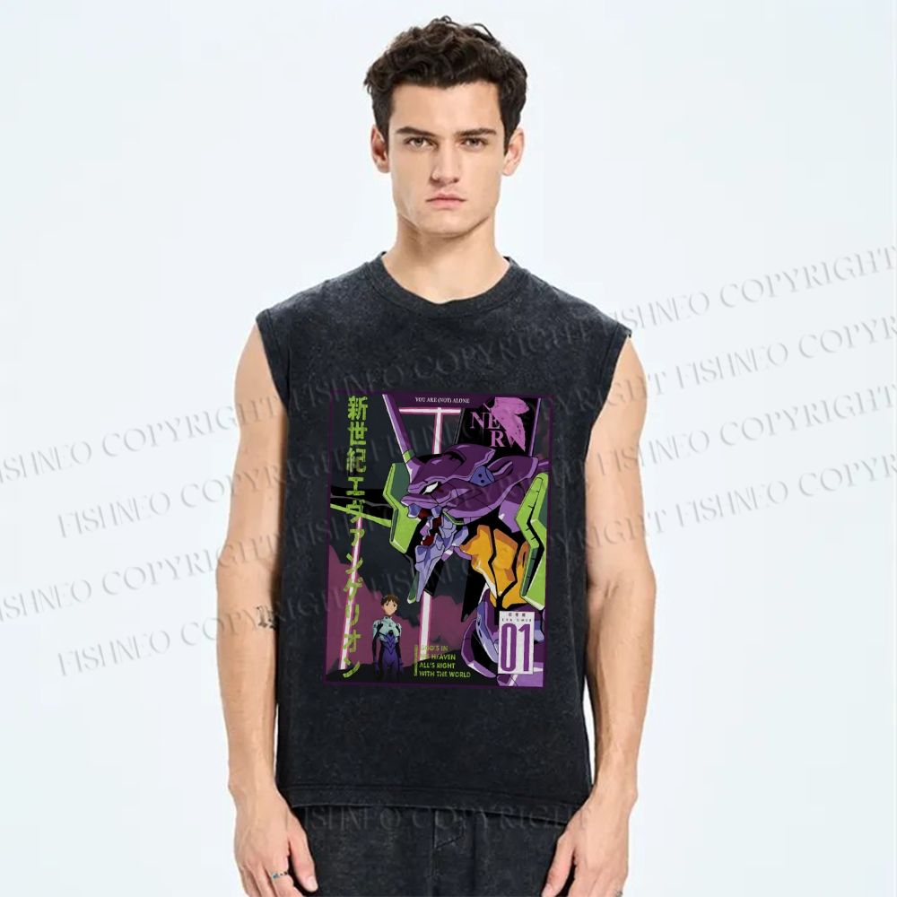 Unisex Neon Genesis Evangelion Printed Washed Tank Top