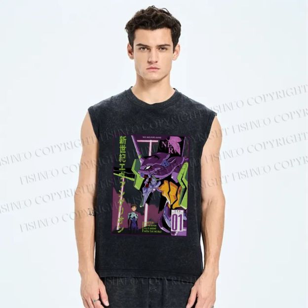 Unisex Neon Genesis Evangelion Printed Washed Tank Top