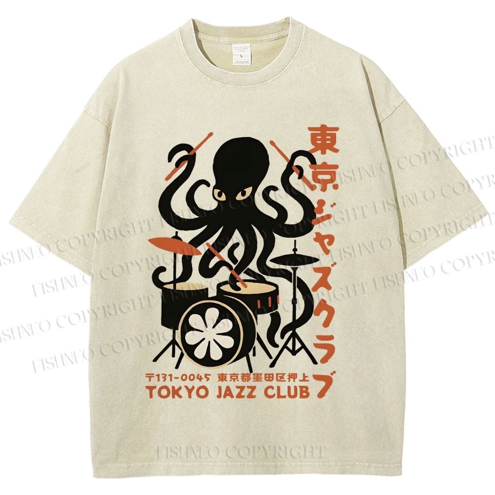 Unisex Octopus Tokyo Jazz Club Printed Washed Tee