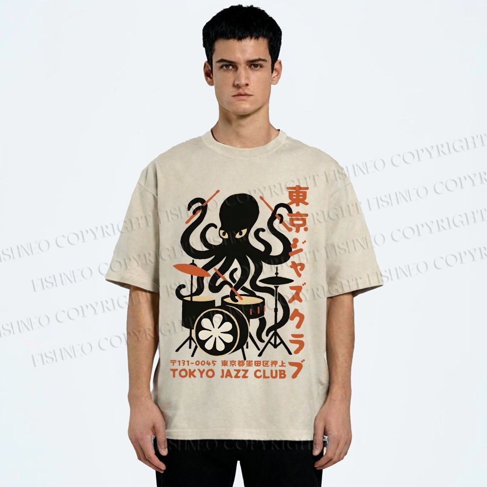 Unisex Octopus Tokyo Jazz Club Printed Washed Tee