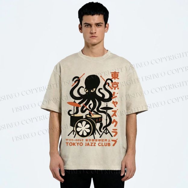 Unisex Octopus Tokyo Jazz Club Printed Washed Tee