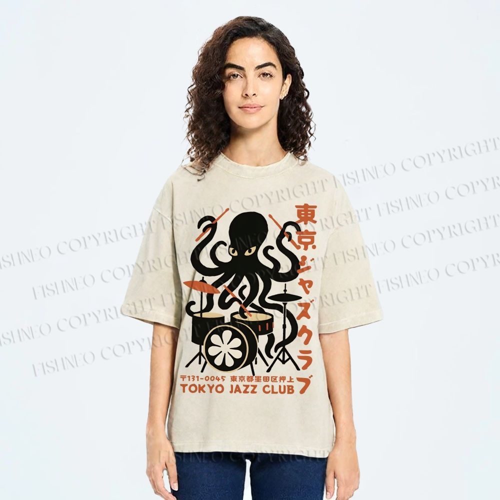 Unisex Octopus Tokyo Jazz Club Printed Washed Tee