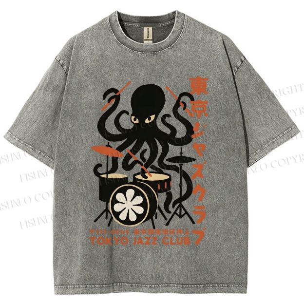 Unisex Octopus Tokyo Jazz Club Printed Washed Tee