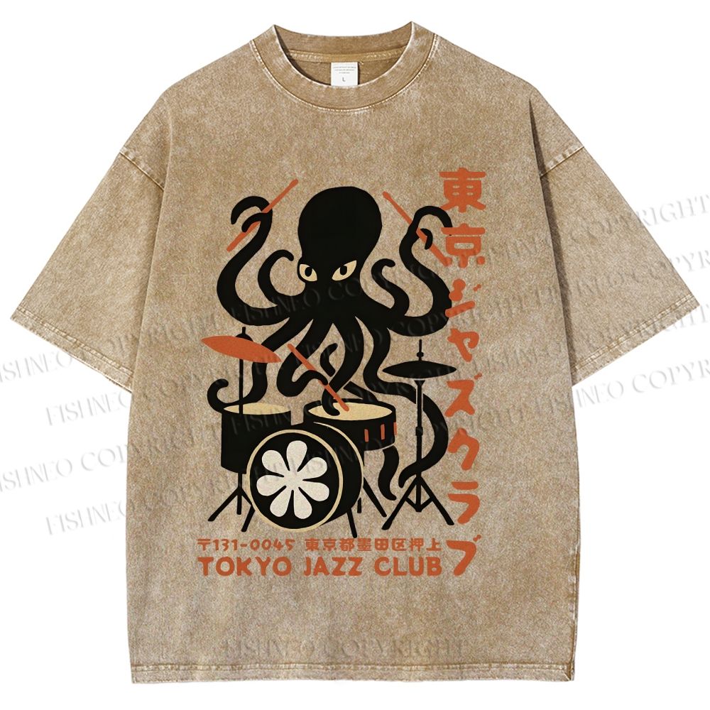Unisex Octopus Tokyo Jazz Club Printed Washed Tee
