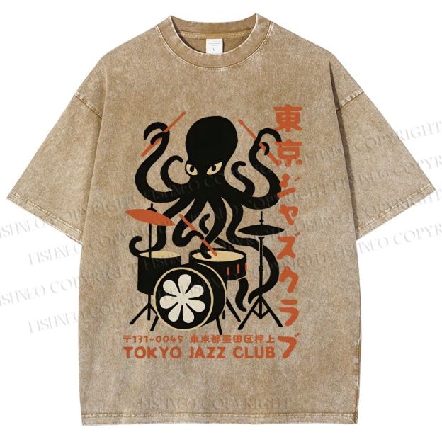 Unisex Octopus Tokyo Jazz Club Printed Washed Tee