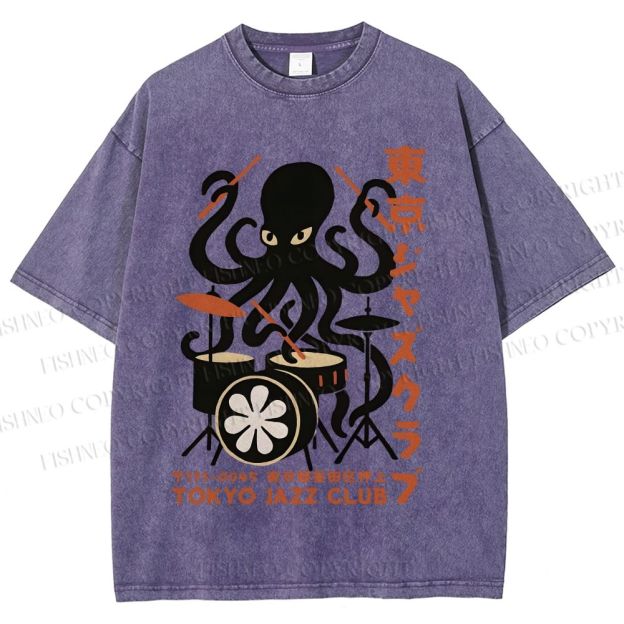 Unisex Octopus Tokyo Jazz Club Printed Washed Tee