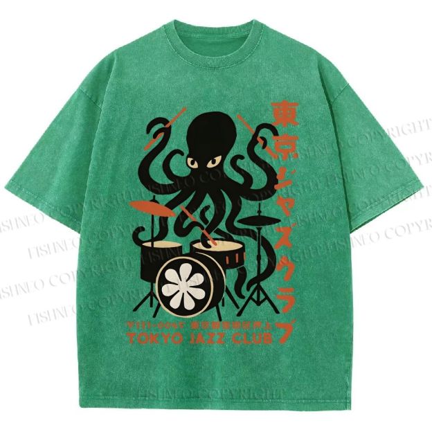 Unisex Octopus Tokyo Jazz Club Printed Washed Tee