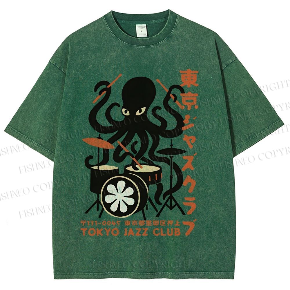 Unisex Octopus Tokyo Jazz Club Printed Washed Tee