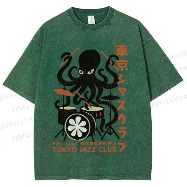 Unisex Octopus Tokyo Jazz Club Printed Washed Tee