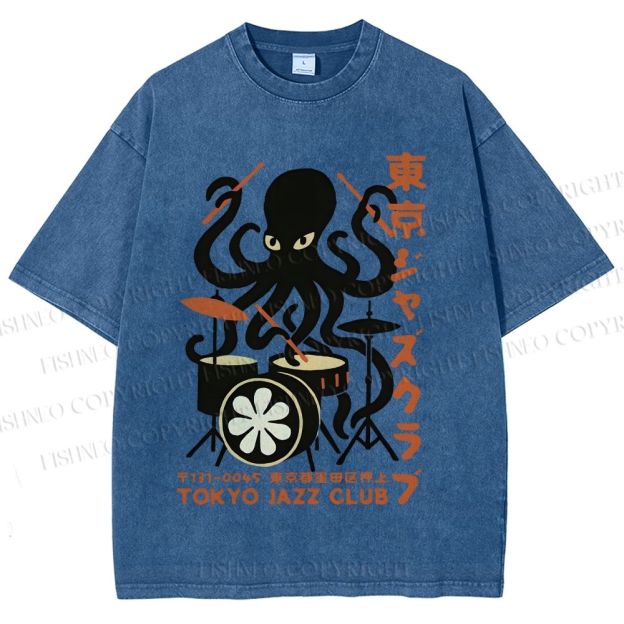 Unisex Octopus Tokyo Jazz Club Printed Washed Tee